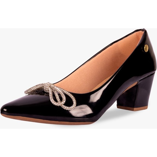 Scarpin Feminino Verniz Bico Fino Com Laço Strass Salto Grosso Confortável Preto