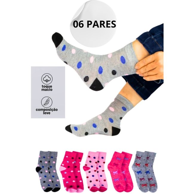 Kit 6 Pares de Meia Cano Alto Feminina Algodao Premiun Colorida Sortidas