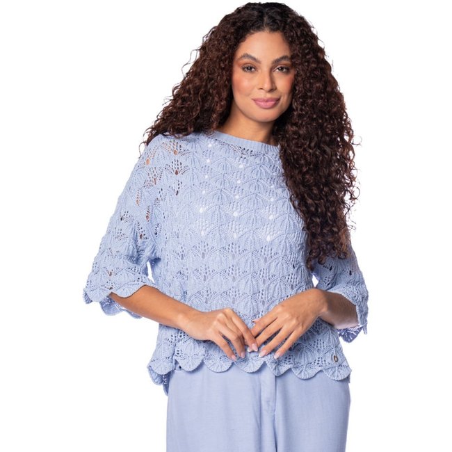 Blusa Feminina Biamar Decote Canoa Trama Vazada Algodão Azul