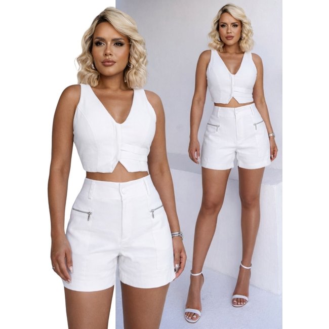 Conjunto Feminino Linho Cropped Colete e Shorts 2030 - Branco nv