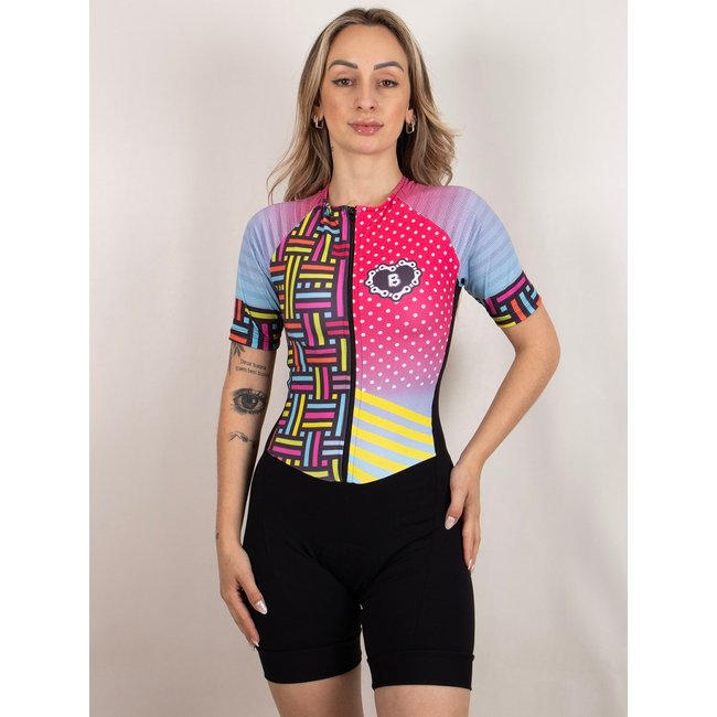 Macaquinho De Ciclismo Feminino Manga Curta Estampa Chiclete Com Forro Em Gel