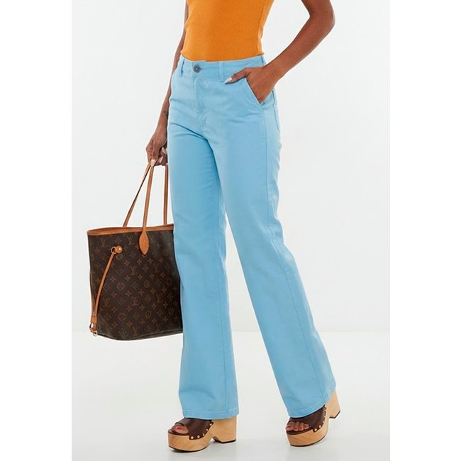 Calça Wide Leg Feminina Sarja Algodão Cintura Alta Azul Claro
