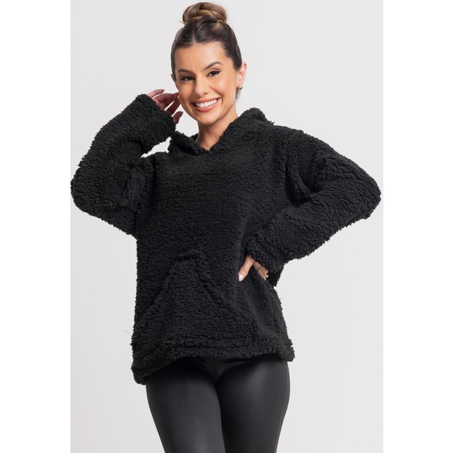 Casaco MVB Modas Flanelado Feminino Capuz Bolso Teddy Pelucia Preto