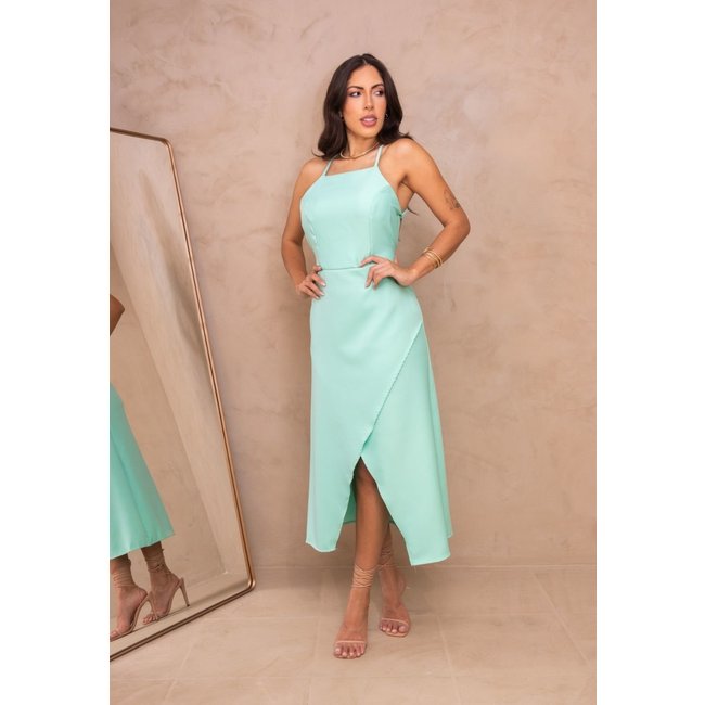 Vestido Midi Alfaiataria Frente Única Elegante Manturi Baby Blue