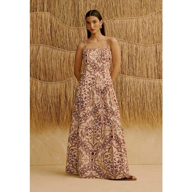 Vestido Longo com Babados Estampado Palmas Del Sol