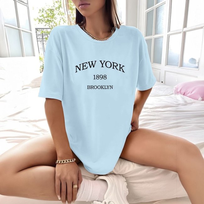 Camisa Camiseta Feminina Estampada New York 1898 Brooklyn 100% Algodão Fio 30.1 Penteado - Azul