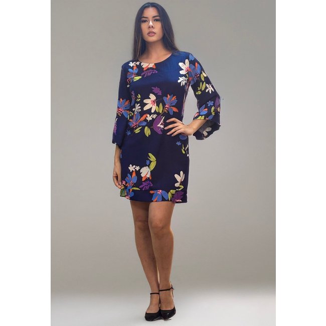 Vestido Curto Amazonia Vital Viscose Manga Ampla Balli Estampa Festa das Flores Azul