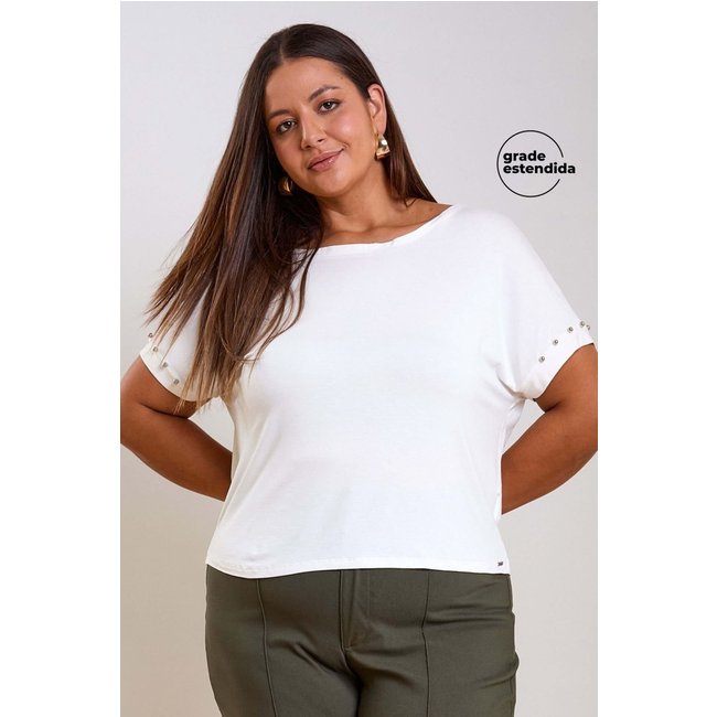 Blusa Feminina Manga Curta Com Pérolas Marialícia Bege
