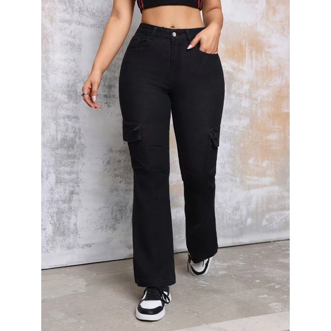 Calça Flare Cargo Avec Feminina Confortável e Elegante Preta