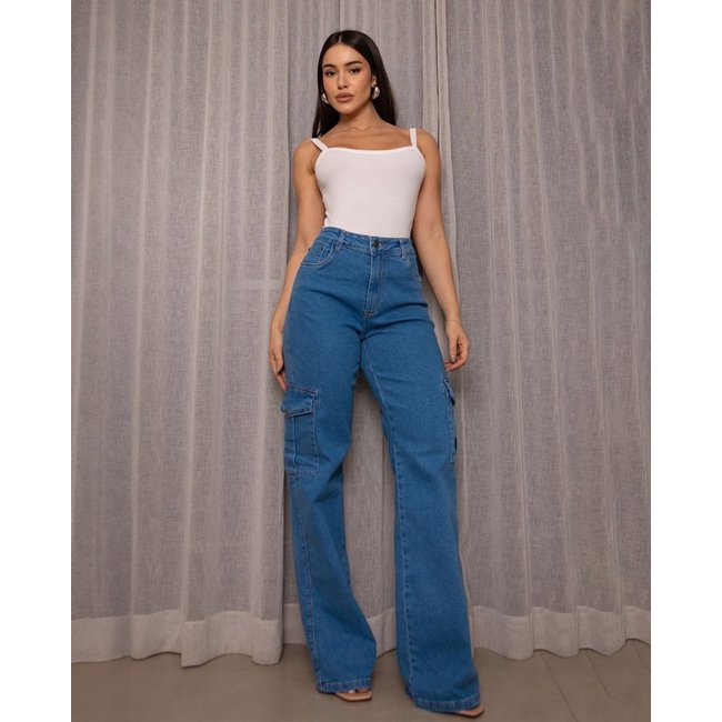 Calça Jeans Wide Leg Feminina Cintura Alta Cargo com Elastano 22999 Média Consciência