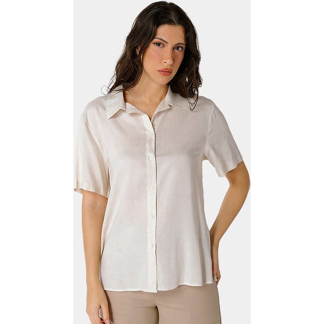 Camisa de Linho com Viscose Manga Curta Bege Sob