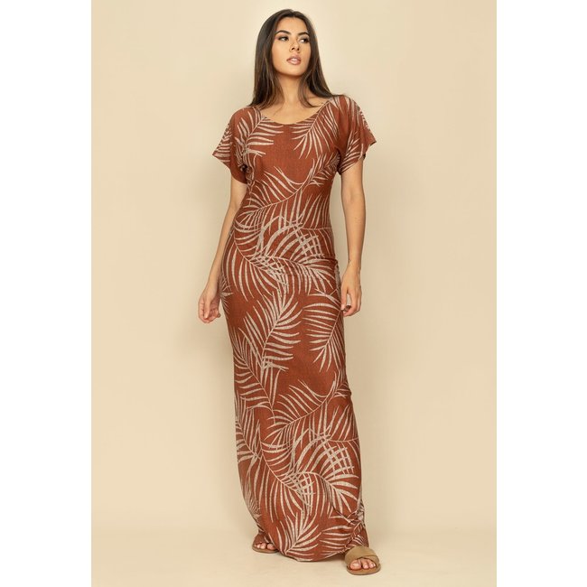 Vestido Longo Malha Fenda na Lateral Estampa Palmas Terra