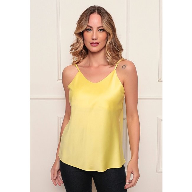 Camiseta Regata Blusinha Feminina em Cetim Decote V Alcinha Regulagem e Costas Nuas Linha Premium Amarelo