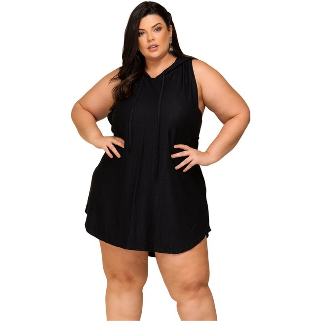 Vestido Regata Longo Plus Size Com Capuz, Cavado Na Lateral, Preto - Preto