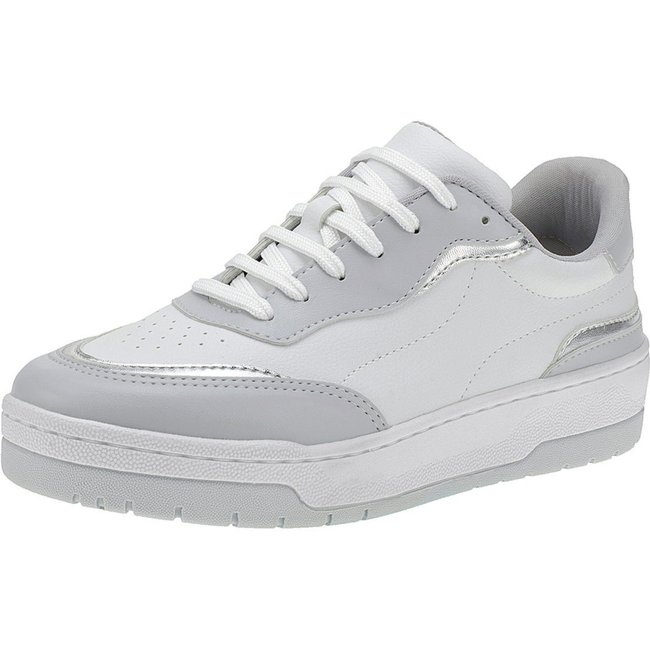 Tênis Lóris Shoes Feminino Casual com Detalhes Metalizado Fitness Dia a Dia Academia Confortável Plataforma 26060 Branco / Prata