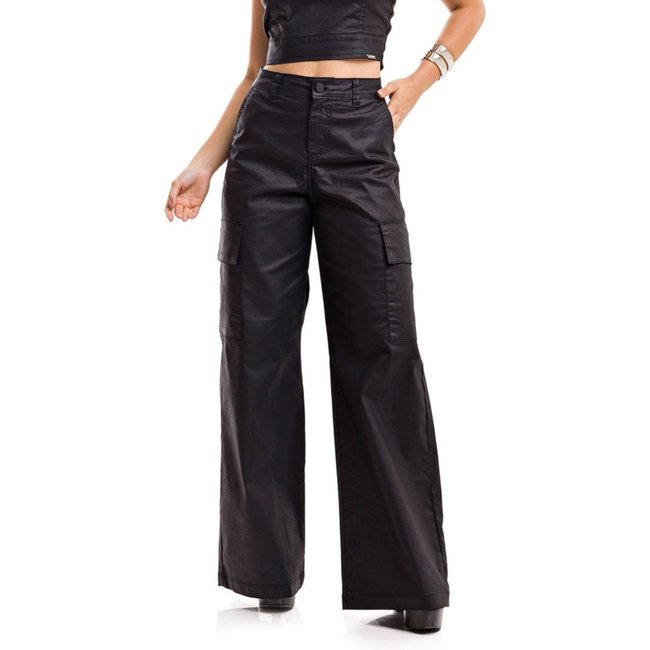 Calça Restrito Jeans Pantalona Resinada Cargo 6 Bolsos - Preto