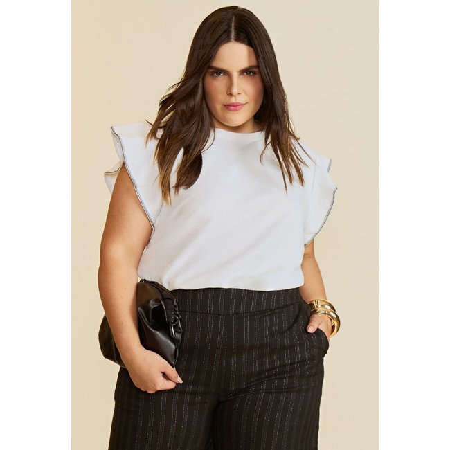 Blusa Maria Valentina Solta Decote Careca Manga Curta Padrão Branco