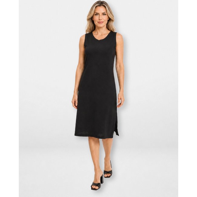 Vestido regata midi de linho com fenda Preto