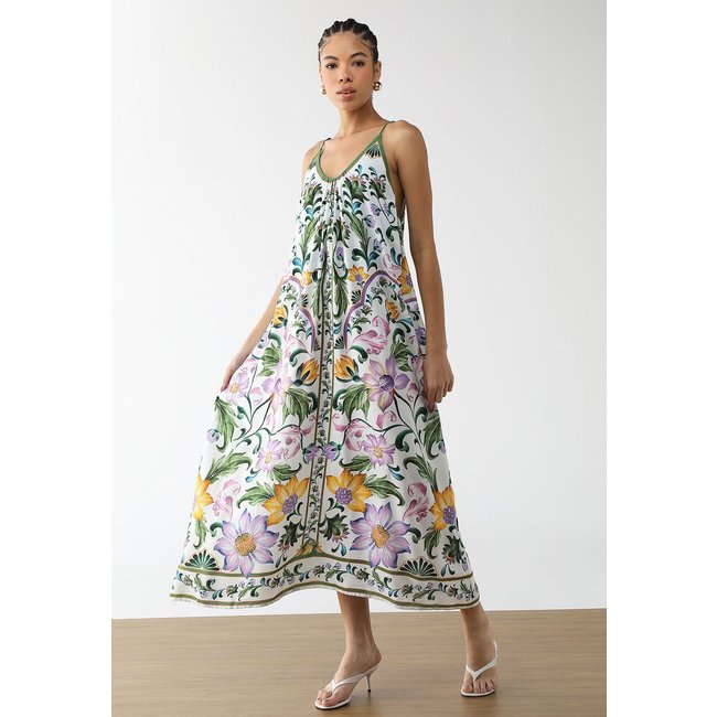 Vestido Feminino FARM Estampa Floral Alças Finas Midi Verde