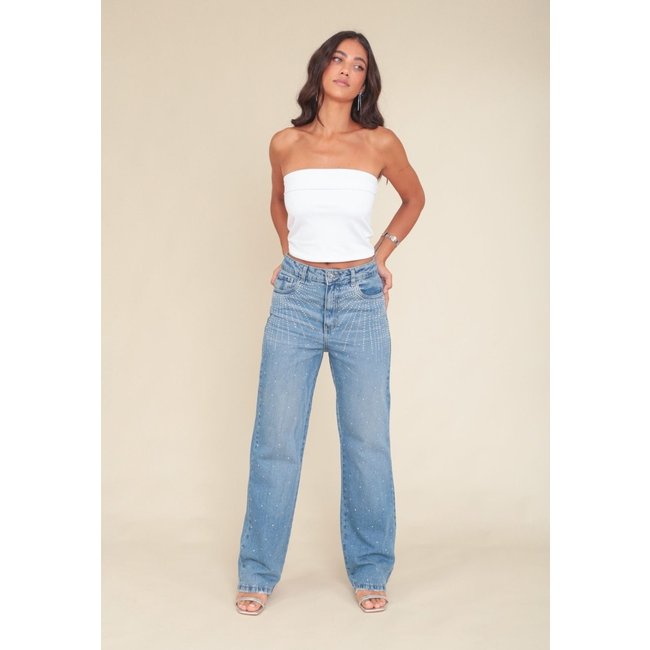Calça Jeans Pop Me Reta Com Aplicação De Strass Bolso Azul