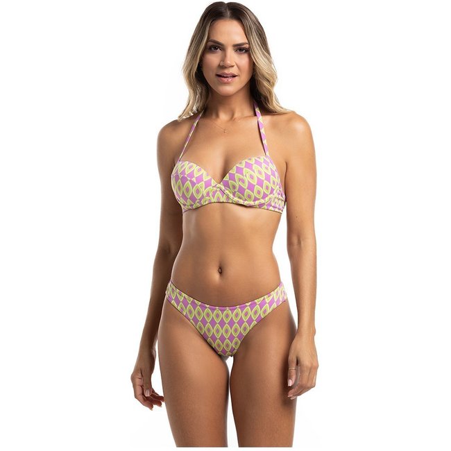 Conjunto Biquíni Top Meia Taça com Aro e Calcinha Fio Duplo Geométrico Doce Amor