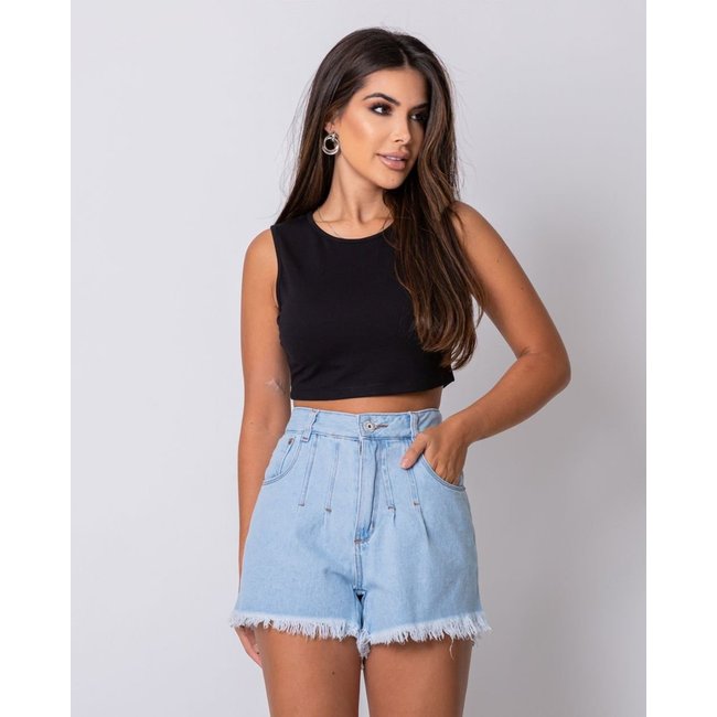 Shorts Jeans Mom Feminino Cintura Alta com Pregas 22542 Clara Consciência
