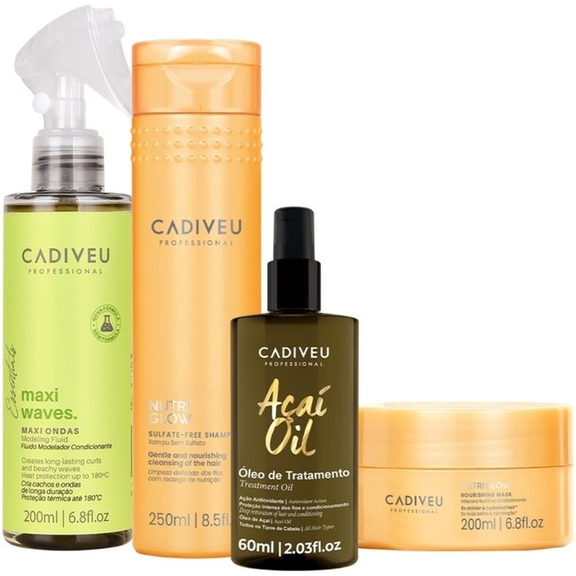 Kit Cadiveu Professional Nutri Glow Shampoo Máscara Maxi Ondas e Açaí Oil 60 (4 produtos)
