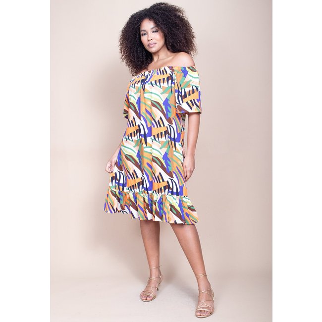 Vestido Curto Cabafree Mullet Ombro a Ombro Estampa Cores Vibrantes