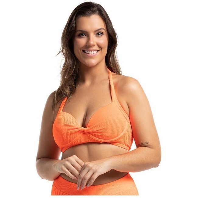 Top Biquíni Avulso Meia Taça com Aro Borboleta Textura Anarruga Laranja Neon