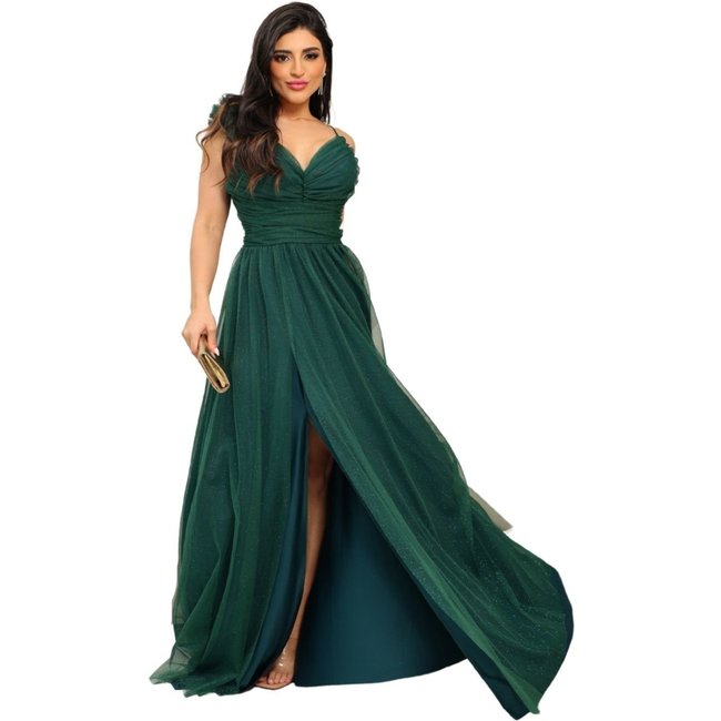 Vestido Longo de Festa Micro Tule Detalhe na Alcinha Marjorie Verde Esmeralda