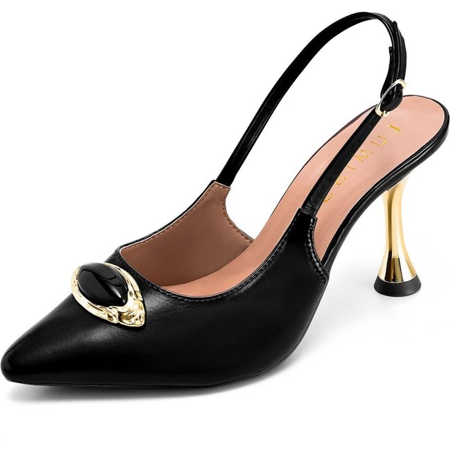 Scarpin Feminino Lumiss Salto Alto Fino Metalizado Bico Fino Enfeite Pedra Preto