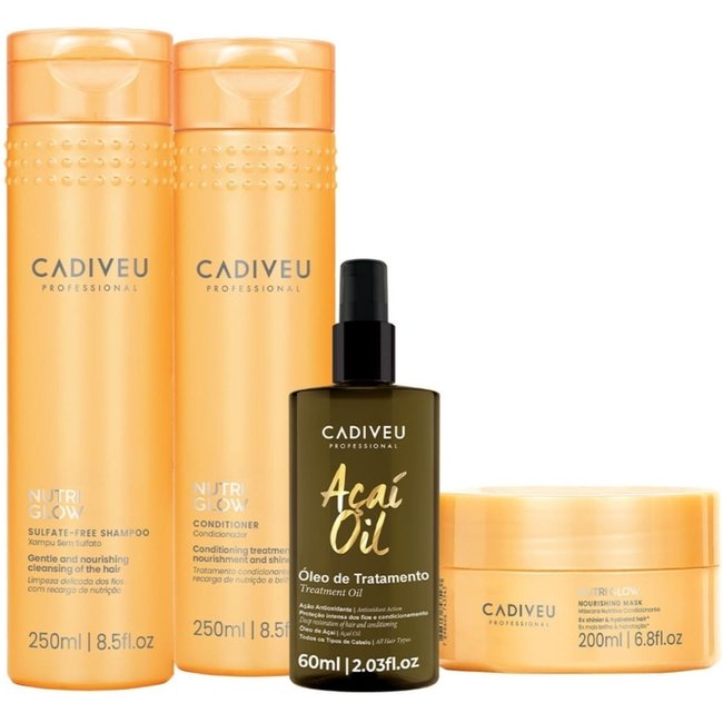 Kit Cadiveu Professional Nutri Glow Shampoo Condicionador Máscara P e Açaí Oil 60 (4 produtos)