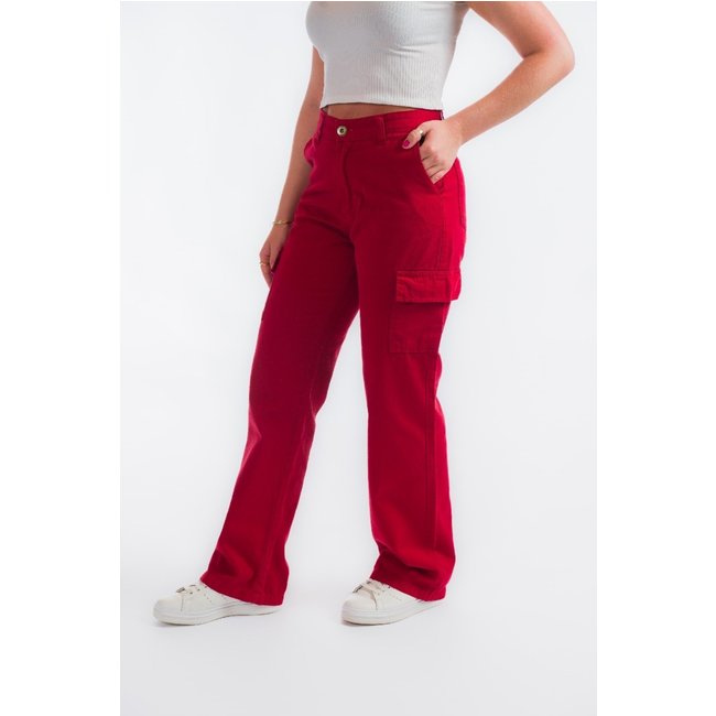 Calça Cargo Aero Jeans Wide leg Sarja Vermelha