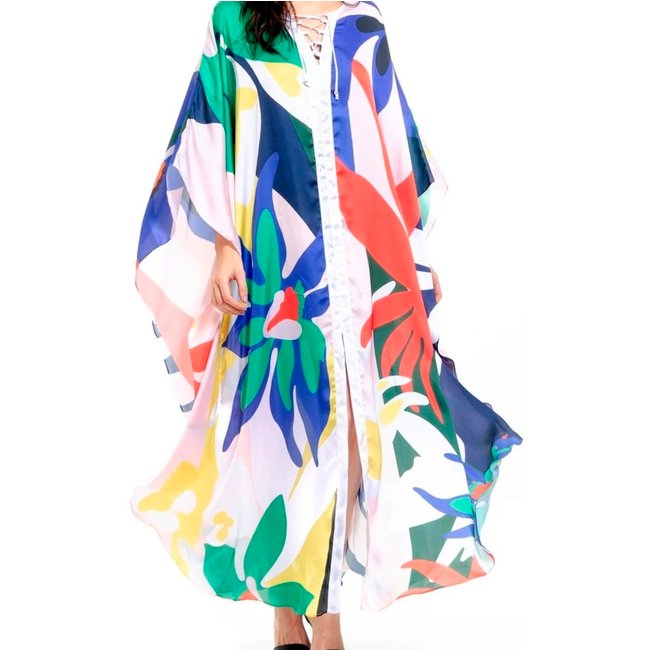 Vestido Kaftan Longo Cetim Estampado EXCLUSIVO Abstrato Multicolorido