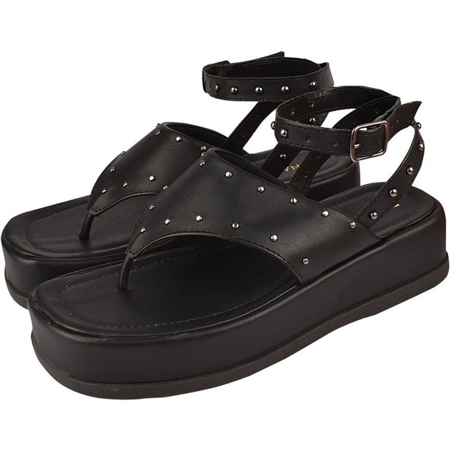 Sandália Plataforma Feminina Chinelo Donatella Shoes Macio Confortável Flatform Hotfix Rebite Spike Preto