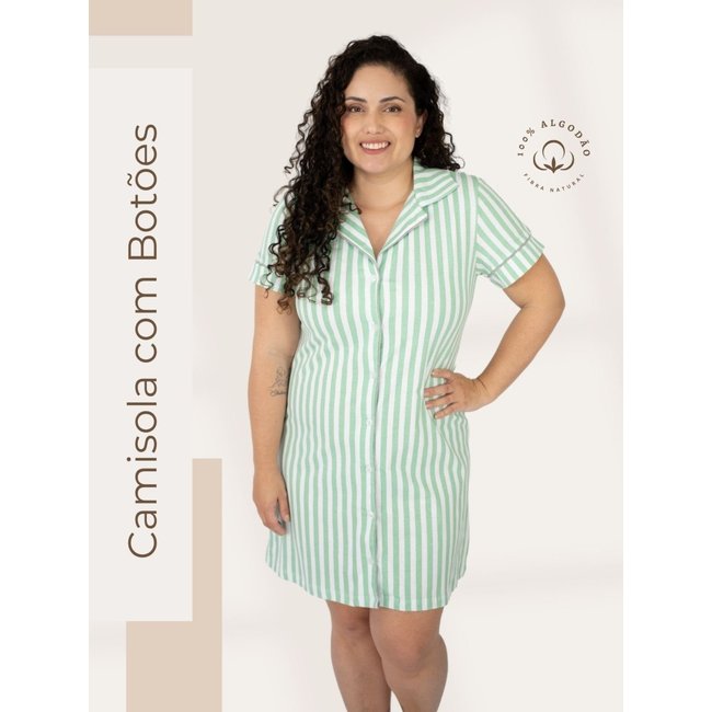 Camisola Algodão Plus Size Americana Curta Fiama - Listrado Verde