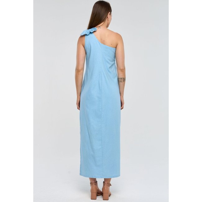 Vestido Midi PKS Um Ombro Só Linho Azul