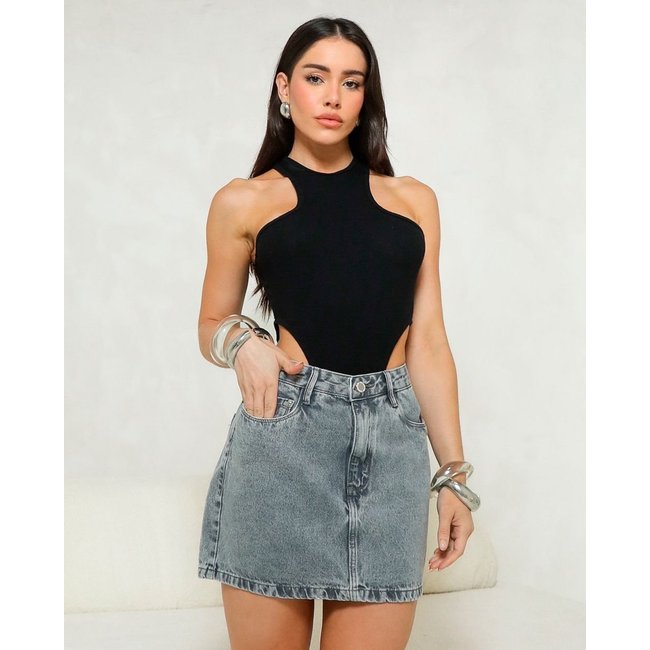Mini Saia Jeans Feminina Cintura Alta 25111 Cinza Consciência