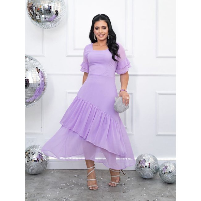 Vestido de Festa Casamento Social Midi com Babado e Elástico Verão Lilás