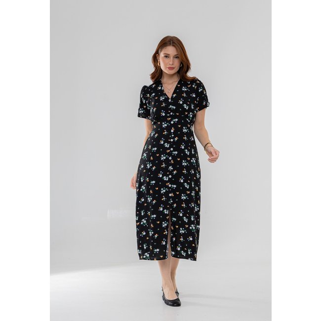 Vestido Aura Midi Celina Viscose Floral Preto