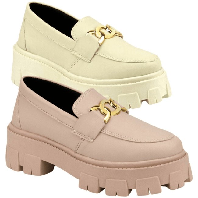 Kit 2 Mocassim Tratorado Feminino Oxford Plataforma Com Metal Blogueira Leve GuGi 403-GG Rose e Marfim