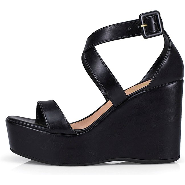 Sandália Feminina Lóris Salto Anabela Plataforma Fivela Elegante Confortável Preto20801