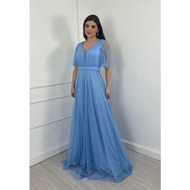 Vestido Longo de Festa Micro tule com brilho manguinha Jady Azul Serenity