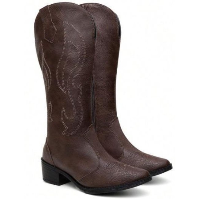 Bota Feminina Cano Alto Anna Andrade Texana Western Bico Fino Bordada Salto Baixo Country Café