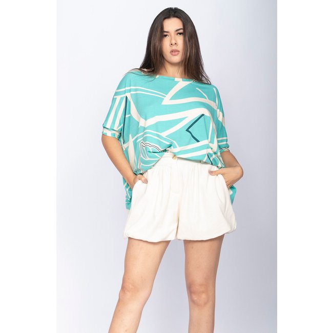 Blusa Cabanafree Ampla Malha Morcego Manga Curta Aqua Flora