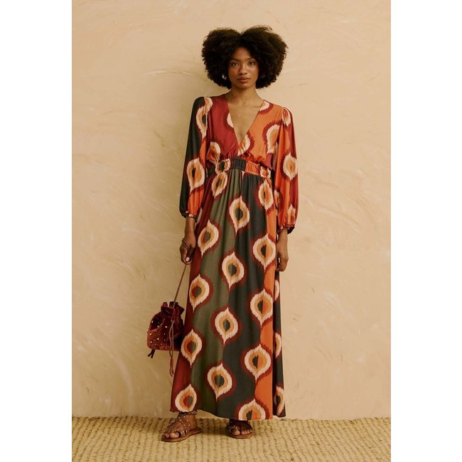Vestido Longo Manga Bufante Estampado Taquile