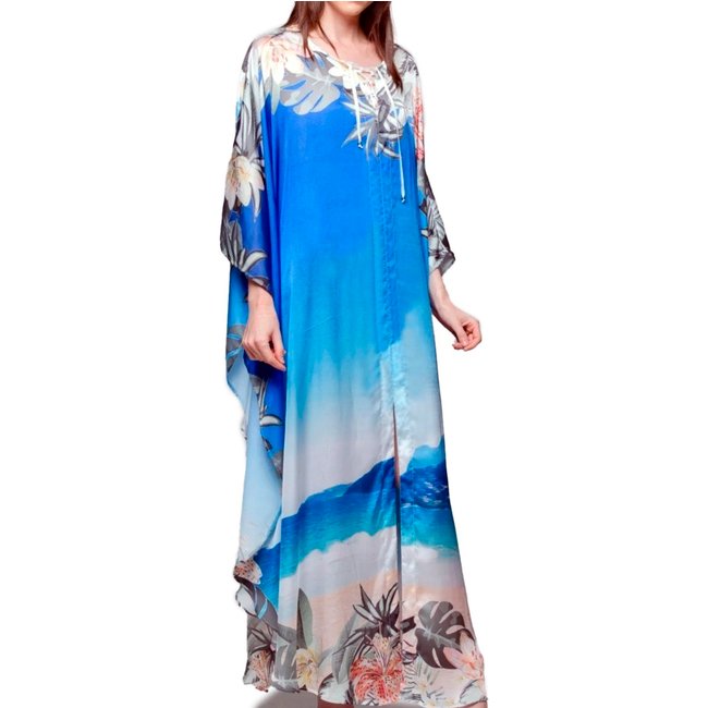 Vestido Kaftan Longo Crepe Estampado EXCLUSIVO Trancoso Azul