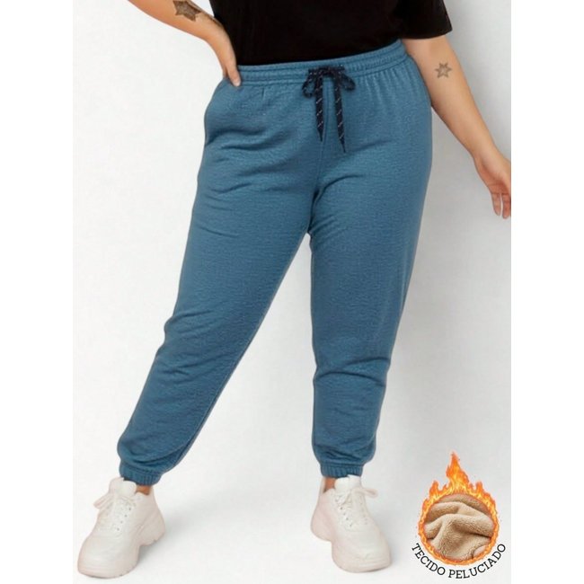 Calça de Moletom Feminina Plus Size Jogger Tecido Flanelado com Bolso Jade Calça de tamanho grande para mulher