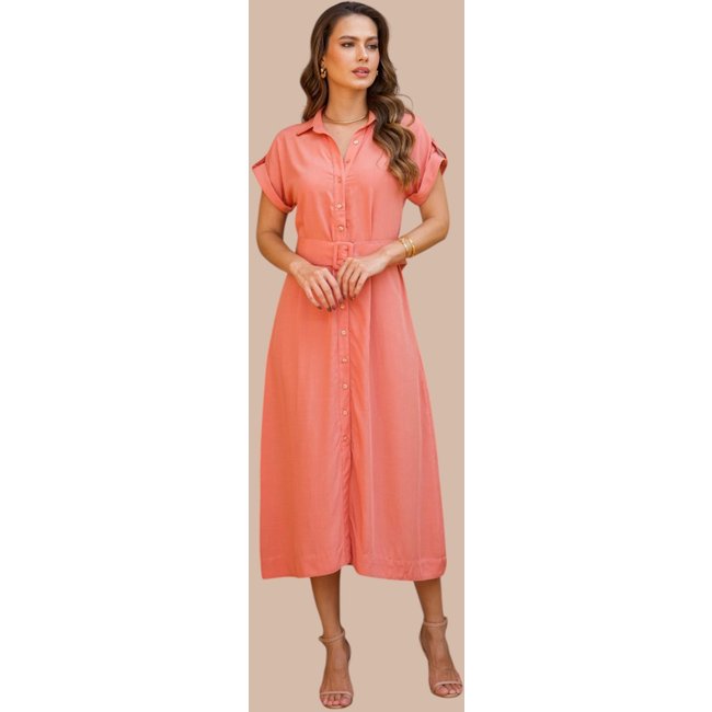 Chemise Midi Ícone Fashion Manga Curta com cinto Rosa Salmão