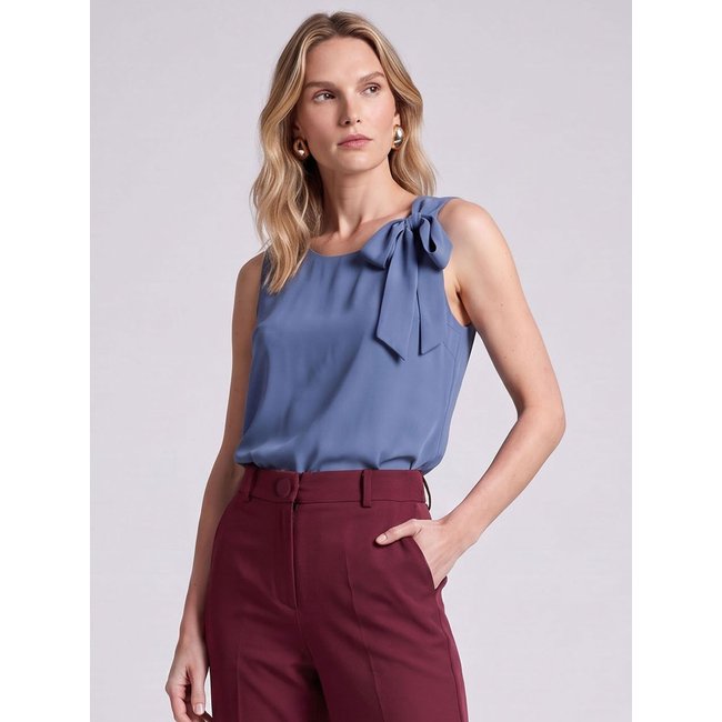 Blusa Regata Feminina Azul Denim Com Laço Ombro Elegante